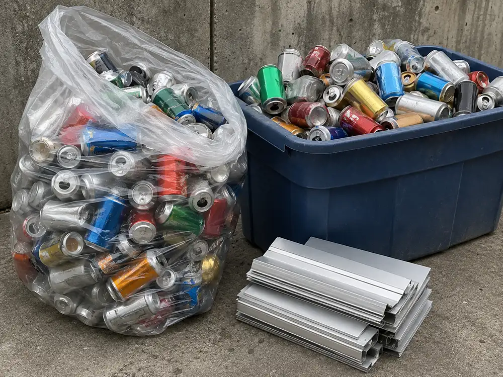 A bag and bin overflowing with empty aluminum cans beside a stack of aluminum extrusion, showing how cans are bought by weight