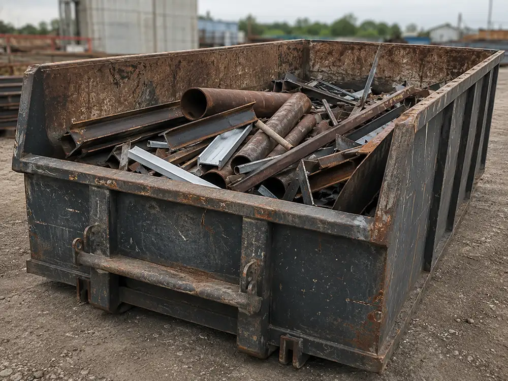 Roll-off container filled with structural steel and pipe on a job site, commercial scrap pickup for Shoals-area businesses in Florence, AL