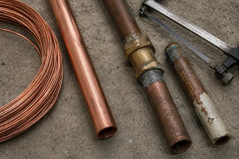 Clean bright copper pipe and stripped wire beside dirty copper with a brass fitting and solder joint, and a saw for cutting fittings off