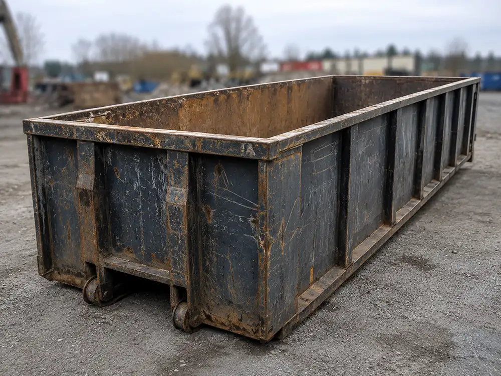 Empty steel roll-off container staged on a lot, ready for commercial and industrial scrap pickup in North Alabama