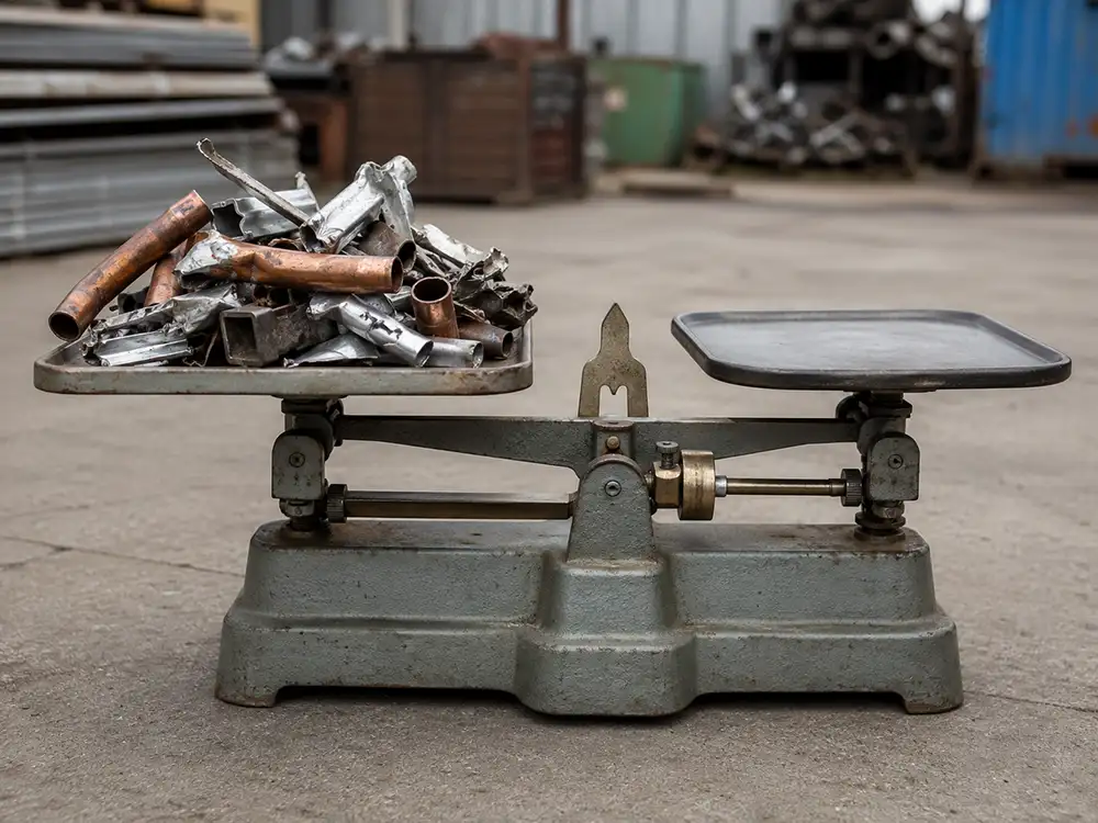 Industrial scale weighing mixed scrap metal, showing how scrap is priced by weight against the current market
