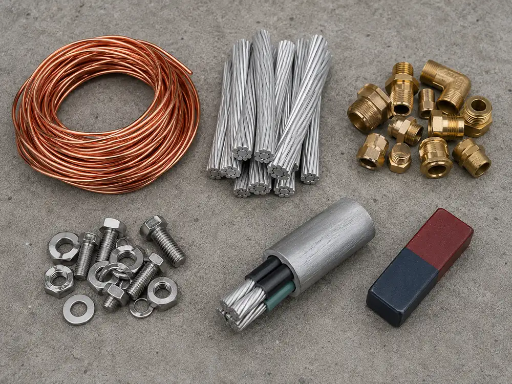 Separate piles of nonferrous scrap, copper wire, aluminum conductor, brass, and stainless, with a magnet nearby that will not stick to any of them
